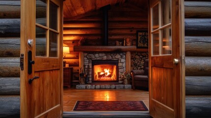 Cozy log cabin interior with a warm fireplace and rustic wooden details, inviting entrance