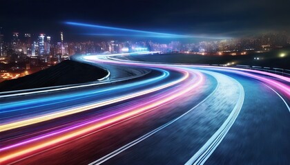 Abstract motion curvy urban road with neon light motion effect applied. Automobile on road background.