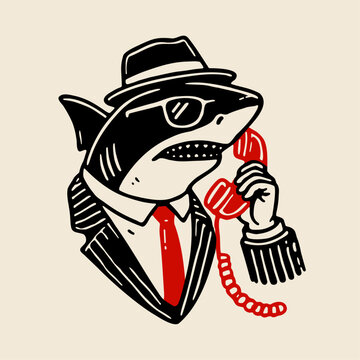 shark wearing a suit and talking on a red telephone, vintage mafia style illustration