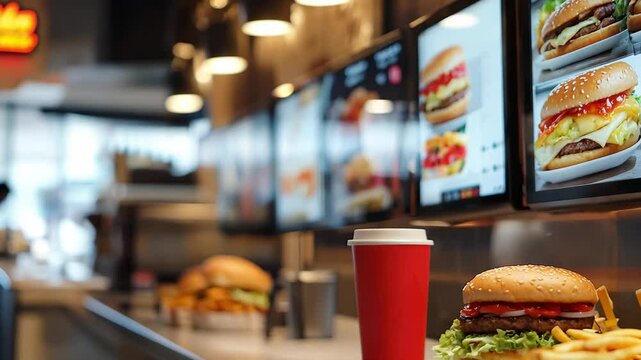 Array of burgers, fries, and beverages at a contemporary fast food restaurant featuring digital menu displays