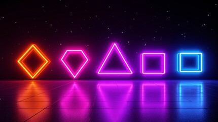 Glowing neon shapes including diamond, pentagon, triangle, and square in vivid colors on a reflective floor under a starry night sky. Concept of geometry and modern art. Ai generative