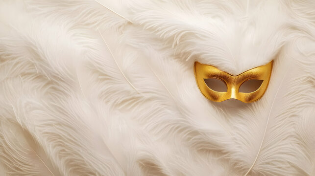 Golden masquerade mask on white feathers background; elegance, mystery, celebration concept; ideal for event invitations