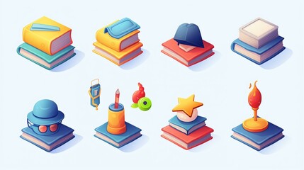 Collection of colorful cartoon-style school supplies stacked on books in a cheerful arrangement