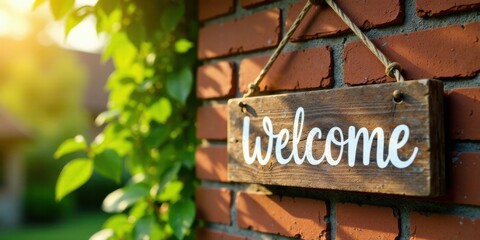 Obraz premium Rustic Wooden Welcome Sign Hanging on Brick Wall with Sunlight and Greenery