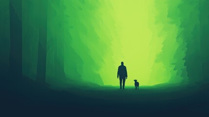 Fototapeta premium Person walking with dog in a serene green forest.