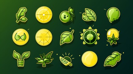 Collection of vibrant green icons showcasing various plants and fruits in cartoon style on a dark background
