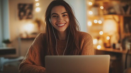 Smiling Caucasian young woman working on laptop at cozy home office