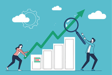 Business growth, data analysis, teamwork, upward trend graph, magnifying glass, blue background, minimalist illustration, flat design, infographic style, cloud icons, green data points, business peopl