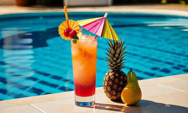 Refreshing cocktail and pineapple near swimming pool, close up. Travel and vacation concept. Copy space for text