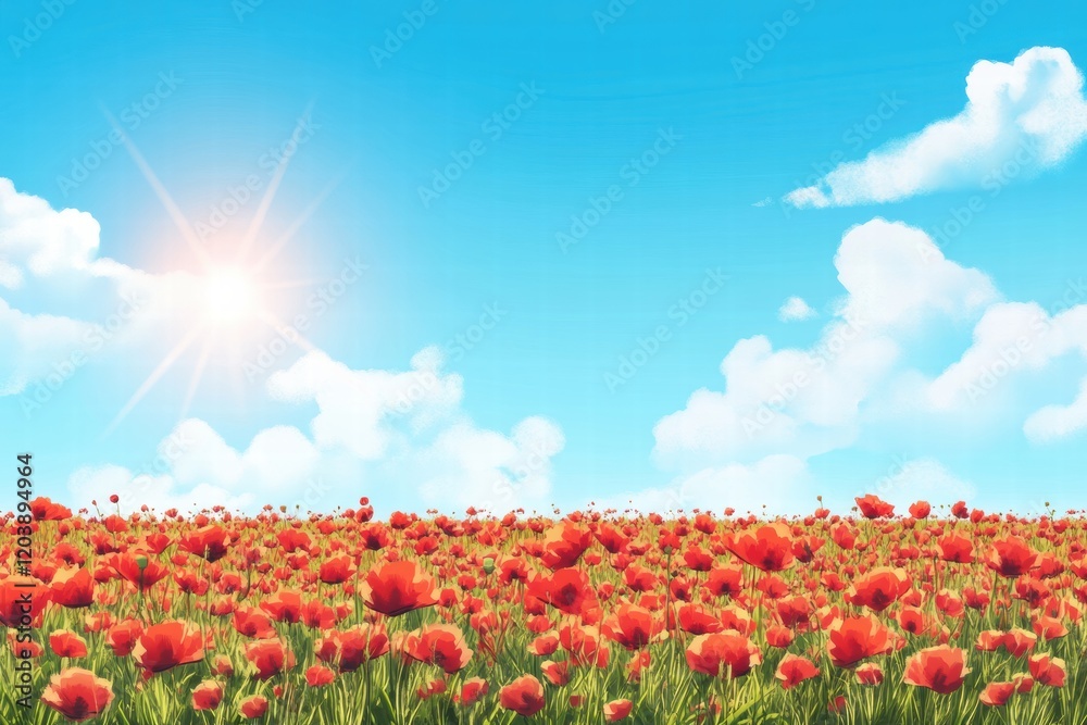 Poster bright red poppy field under a clear blue sky with fluffy clouds and sunlight shining down. generati