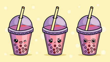 Set of bubble tea in kawaii style with different emotions sad,happy,angry.Isolated character vector illustration