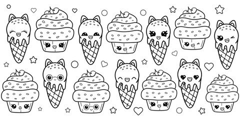 Set of coloring pages of funny cupcakes and ice cream in kawaii style, isolated sweet vector illustration on white background