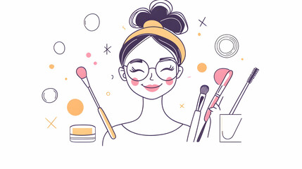 Happy woman with makeup brushes, beauty tools, and cosmetic jar; pastel background for beauty blog or tutorial