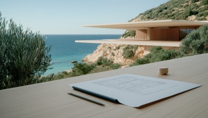 Fototapeta premium Architectural Model of Modern Villa with Blueprints