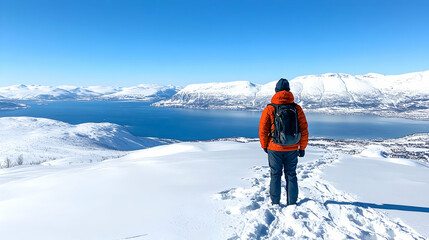 Hiker overlooking snowy fjord, winter mountainscape, travel adventure