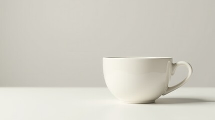 Fototapeta premium A single, empty, off-white ceramic teacup sits on a minimalist white surface against a neutral backdrop.