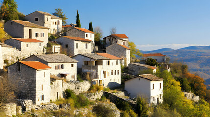 Obraz premium Hillside village autumnal landscape, houses nestled on slope, sunny day, panoramic view, ideal for travel brochure
