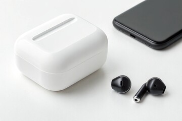wireless earphones with a charging box on white