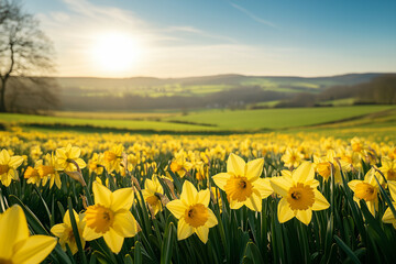 Fototapeta premium Dog sitting in a field of yellow daffodils