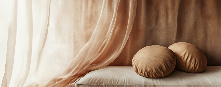 Stylish modern interior with light natral fabric and pillows of brown and mocha mousse color. Banner design template of stylish room, trendy style and advertising of designers and repair with place fo