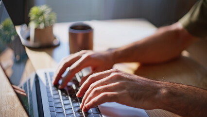 Guy fingers texting laptop in office closeup. Tired businessman feeling headache
