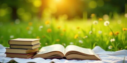 Serene Summer Reading Open Book and Stack of Books Resting on a White Cloth in a Lush Meadow with Blooming Wildflowers under Golden Sunlight