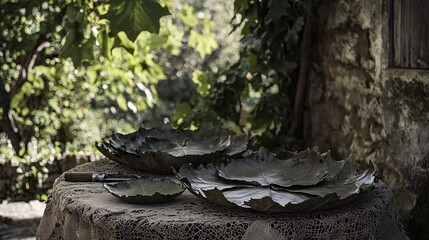 Obraz premium image of a dining setup with bowls and plates made from leaves, emphasizing the simplicity and natural beauty of the arrangement Green products 