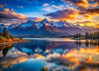 Obraz premium New Zealand South Island Sunset: Stunning Blue Lake & Snow-Capped Mountains