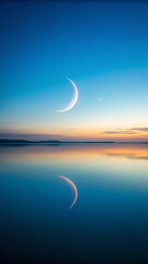 A minimal crescent moon reflected in a still, glassy lake, surrounded by a soft gradient