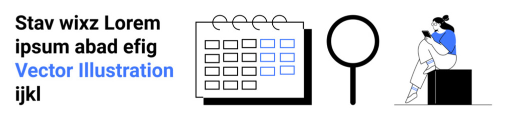 Fototapeta premium Calendar with marked dates, magnifying glass icon, and a person sitting on a box reading. Ideal for scheduling, event planning, research, study, productivity, time management and organization