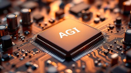 Microchip labeled AGI, symbolizing artificial general intelligence advancement