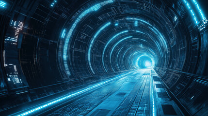 Obraz premium Futuristic blue glowing tunnel with a digital high tech perspective