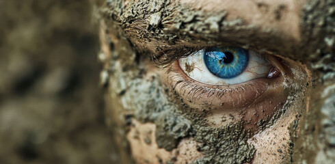 Obraz premium A close-up of a man's vivid blue eye surrounded by mud, suggesting he is participating in an outdoor adventure race in a forest. The focus conveys intensity and determination.