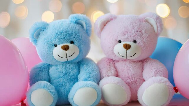 Two adorable teddy bears in blue and pink sit together with pastel balloons, creating a festive and joyful atmosphere for a gender reveal event