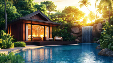 Luxurious tropical villa with private infinity pool and waterfall, perfect for vacation getaways or relaxation.