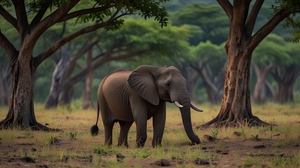 Fototapeta premium An elephant walking through a serene forested landscape.