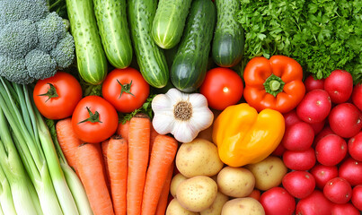 Vibrant assortment of fresh vegetables tomatoes, carrots, potatoes, cucumbers, peppers, broccoli, and more. Perfect for healthy eating, cooking, or farm-fresh themes.