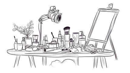 Makeup artist's workspace sketch camera, brushes, cosmetics on a table, easel in background; perfect for beauty blogs