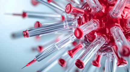Microscopic virus model with syringes, medical research, healthcare fight, laboratory background