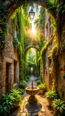 Fototapeta premium A narrow alleyway transformed into a lush escape, with walls covered in moss and ivy