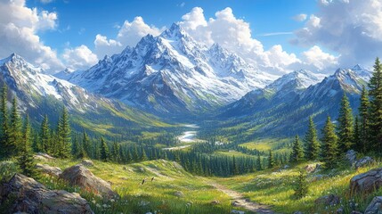 Fototapeta premium Majestic mountain landscape with snow-capped peaks, lush green valley, and serene river under blue skies