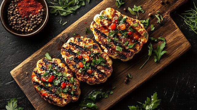 Grilled cauliflower steaks on a rustic wooden board garnished with fresh herbs and spices