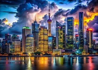 Fototapeta premium Night City Lights, Urban Nightscape, Glowing Buildings, Dark City, Illuminated Streets