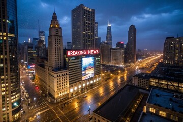 Obraz premium Night Cityscape: Breaking News on Illuminated Screens