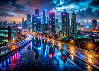 Obraz premium Night Cityscape, Illuminated Buildings, Dark Sky, City Lights, Urban Scene