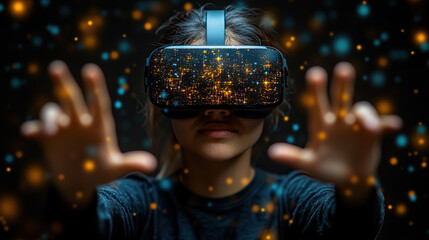 Person using virtual reality headset with glowing effects creating a digital experience