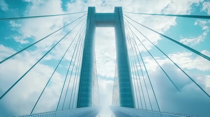 Fototapeta premium Ethereal Teal and White Bridge Surrounded by Clouds and Sky in a Dreamlike Landscape with Soft Lighting and Tranquil Vibes