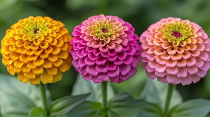 Three Vibrant Zinnia Flowers in a Garden