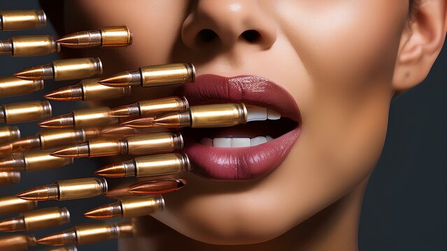 Conceptual collage: open mouth with bullets flying out. This striking image symbolizes screaming, cursing and insults in a powerful visual representation.
