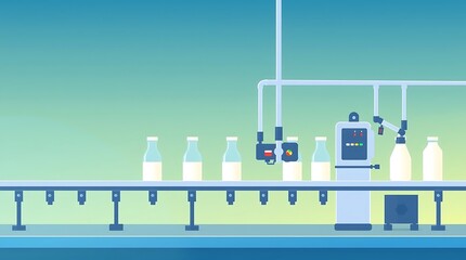 Automated milk bottling factory production line.